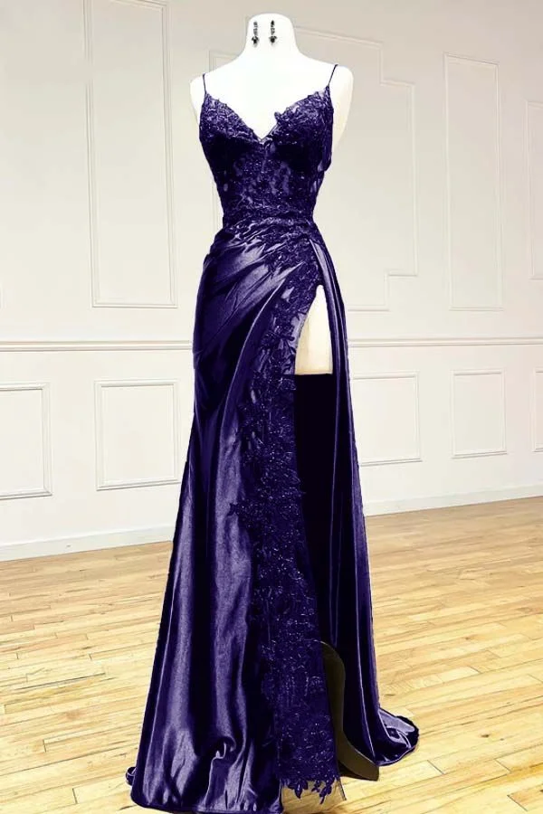 Black fashion classy sexy V-neck exquisite lace spaetti straps side slits long satin prom dress evening dress party dress