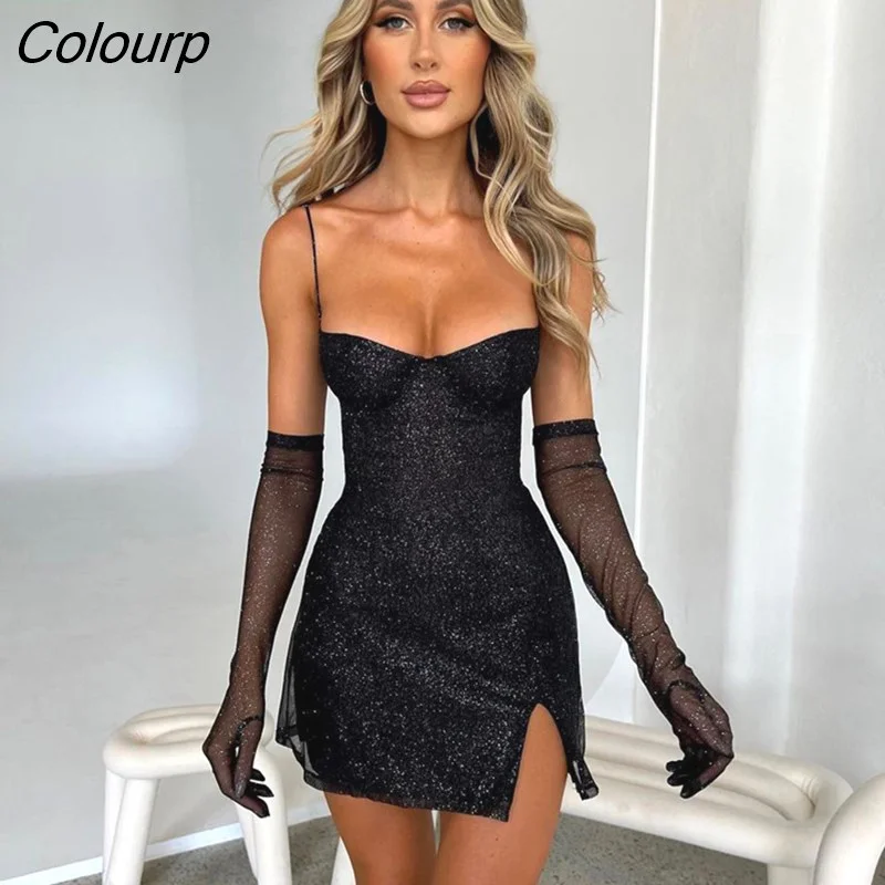 Colourp Bling Glitter Sequins Sexy Y2K Clothes Long Sleeve Backless Side Slit Bodycon Mini Dress Women Club Party Elegant Outfit
