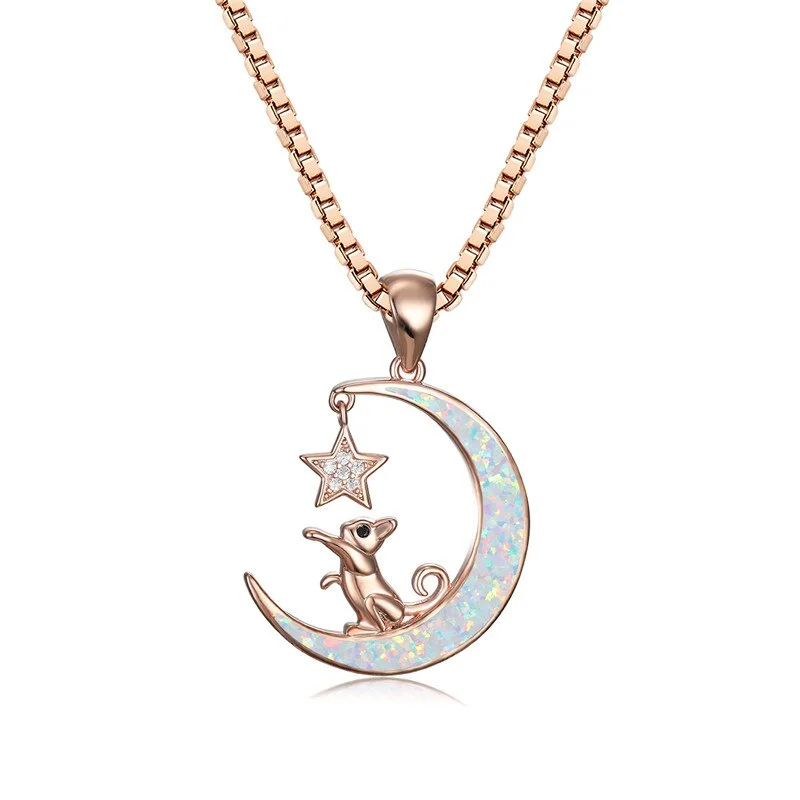 Cute Small Cat Stars Pendant Necklace White Blue Opal Stone Moon Necklace Rose Gold Silver Color Chain Necklaces For Women