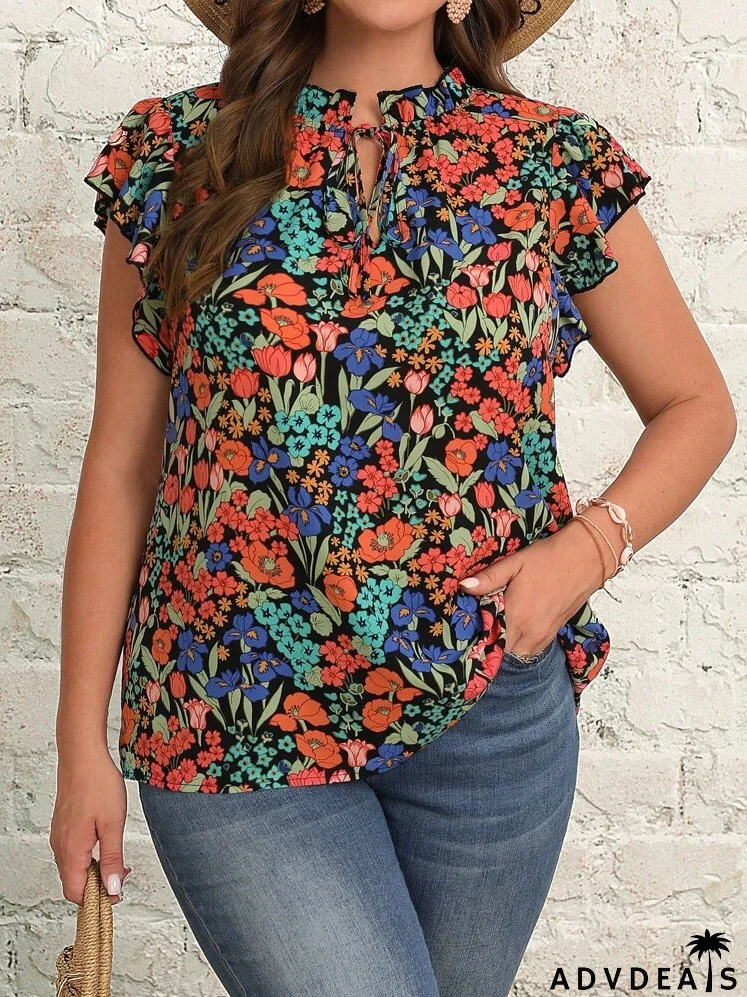 Plus Floral Print Tie Neck Butterfly Sleeve Blouse