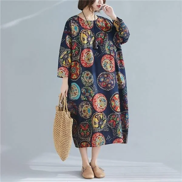 Oversized Women Cotton Linen Casual Dress O-neck Loose Female Long Dresses