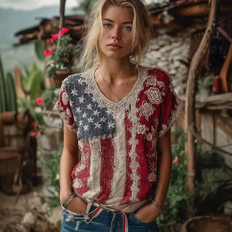 Women's Retro American Flag Element Plant Flower Embroidery Lace Patchwork Design Short-sleeve Top