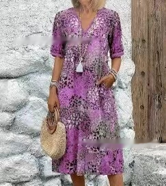 Mature Women Summer V-neck Casual Holiday Pocket Dress Homewear