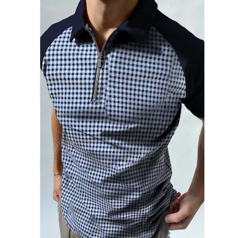 Houndstooth Color Block Short-sleeved Polo Shirt-Compassnice®
