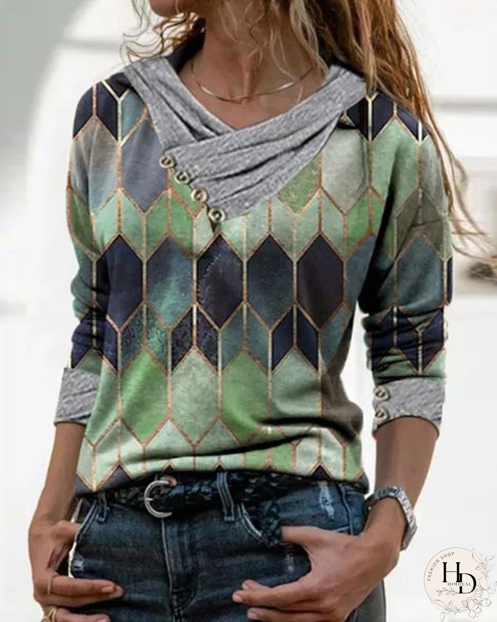Color Block Casual Pleated V-Neckline Blouses