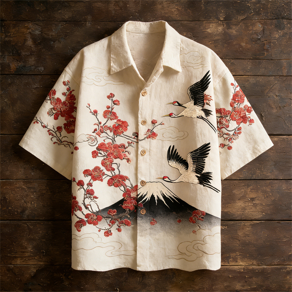 Japanese Crane & Mt. Fuji Men's Linen Short Sleeve Shirt  artssus