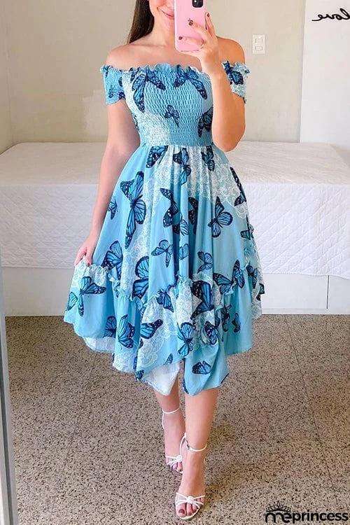 Shirred Bodice Off Shoulder Flap Asymmetric Dress