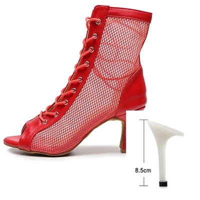 VCshoes Woman Red Mesh Latin Ballroom Dance Shoes Women High Heel Jazz Dance Booties Girls Stiletto Bootie Slim Heel 3.5/4 Inch