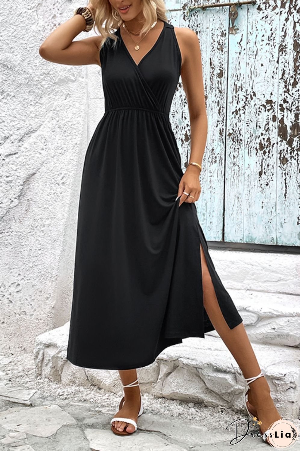 Surplice Neck Slit Sleeveless Dress