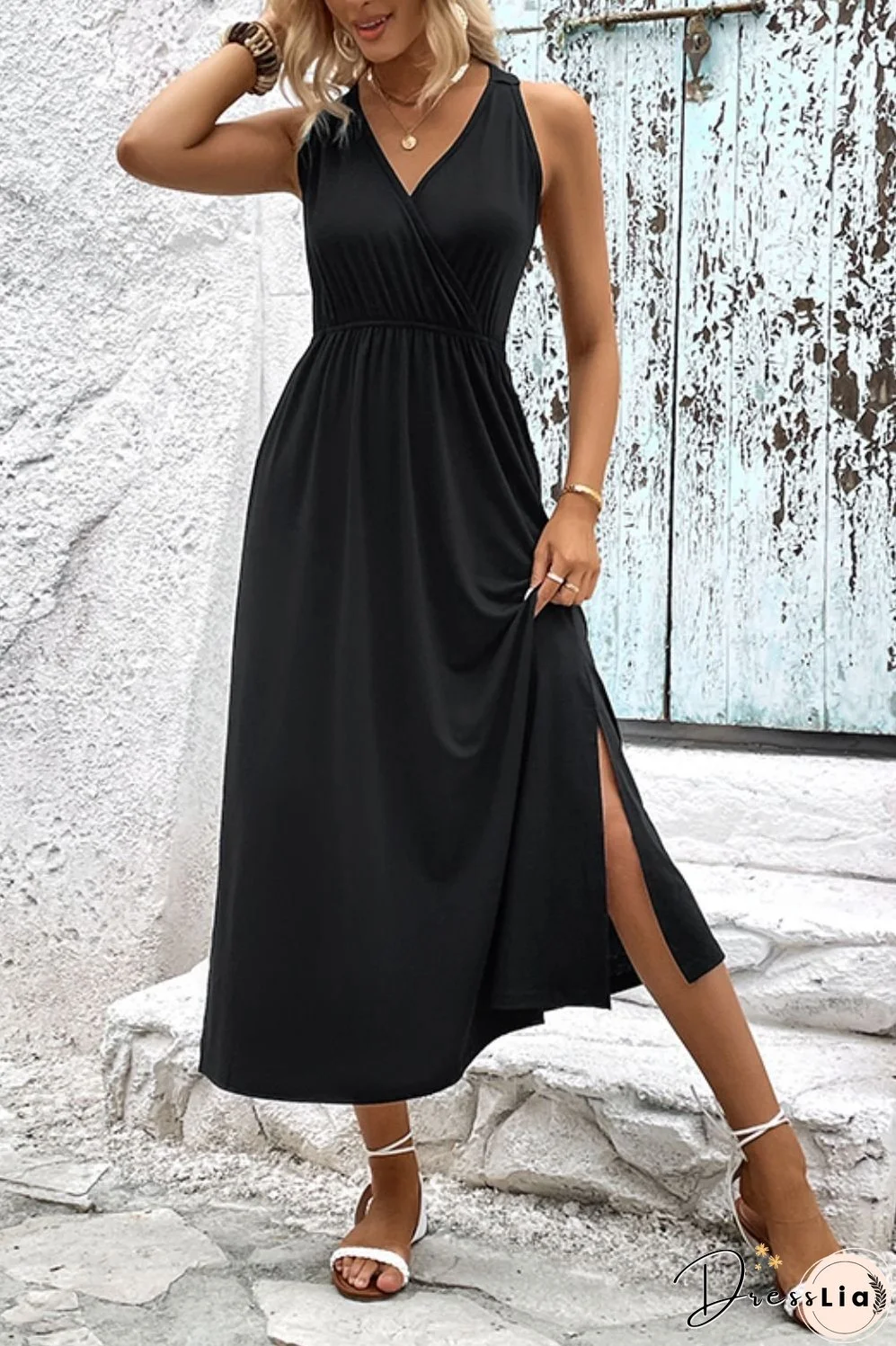 Surplice Neck Slit Sleeveless Dress