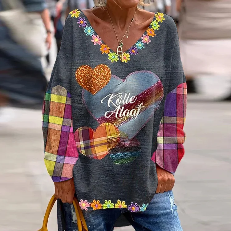 Damenkollektion Outdoor-Blumen-T-Shirt mit V-Ausschnitt und lockerem Schnitt