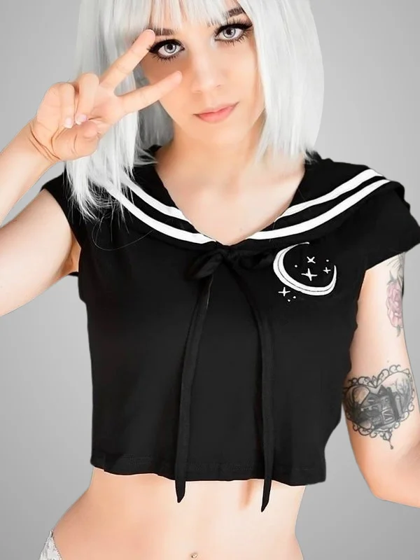 Goth Sailor Collar Midriff-baring Floral T-shirt