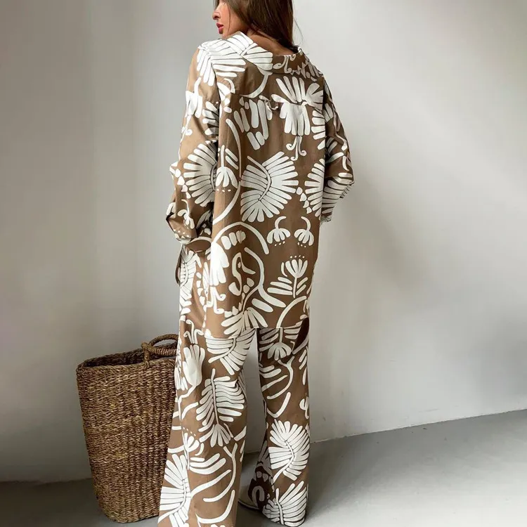Churchf Churchf New Long Sleeve Shirt With High Waist Trousers Suit Print Fashion Women's Wear
