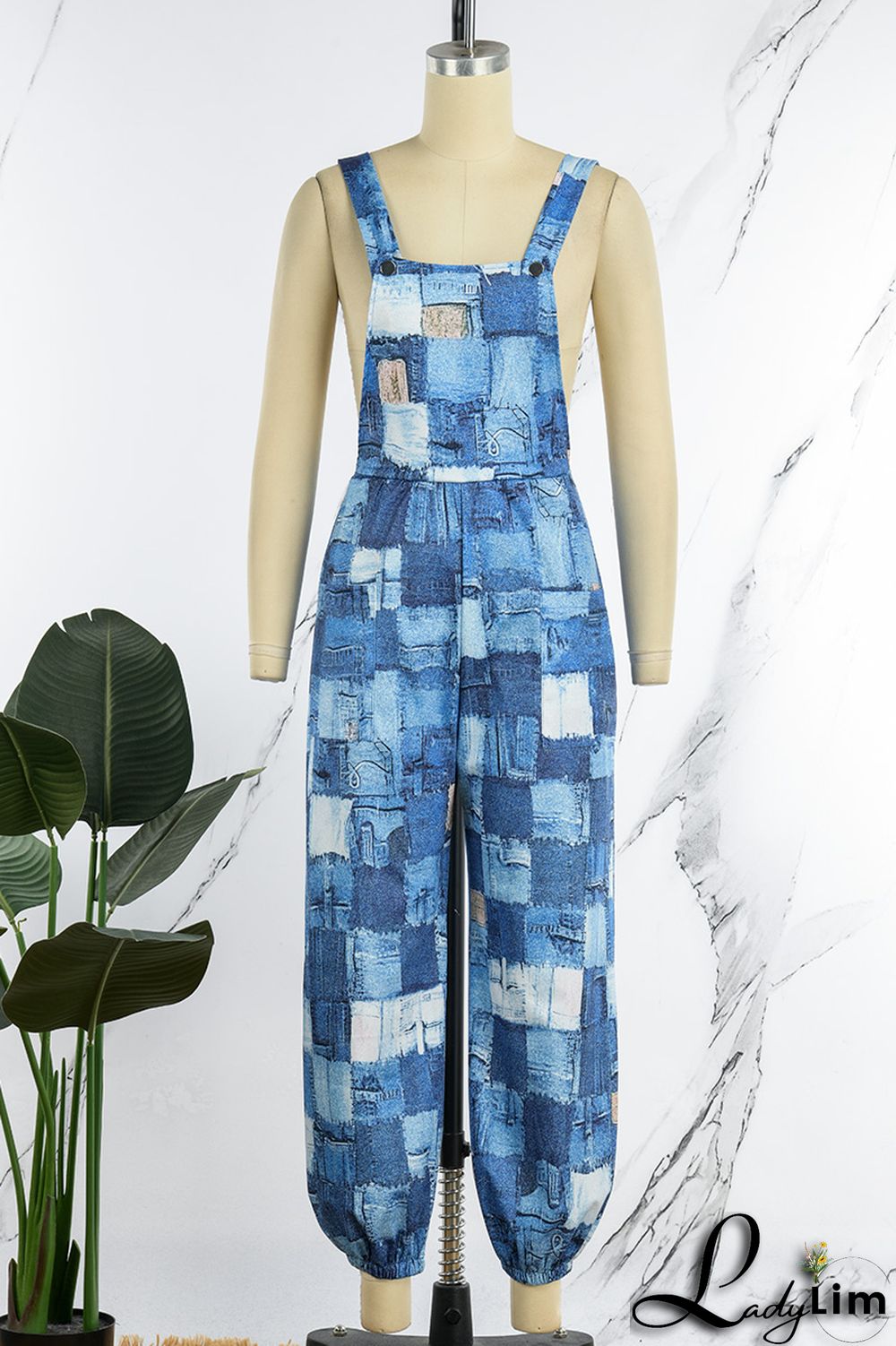 Blue Sexy Print Patchwork Backless Straight Jumpsuits