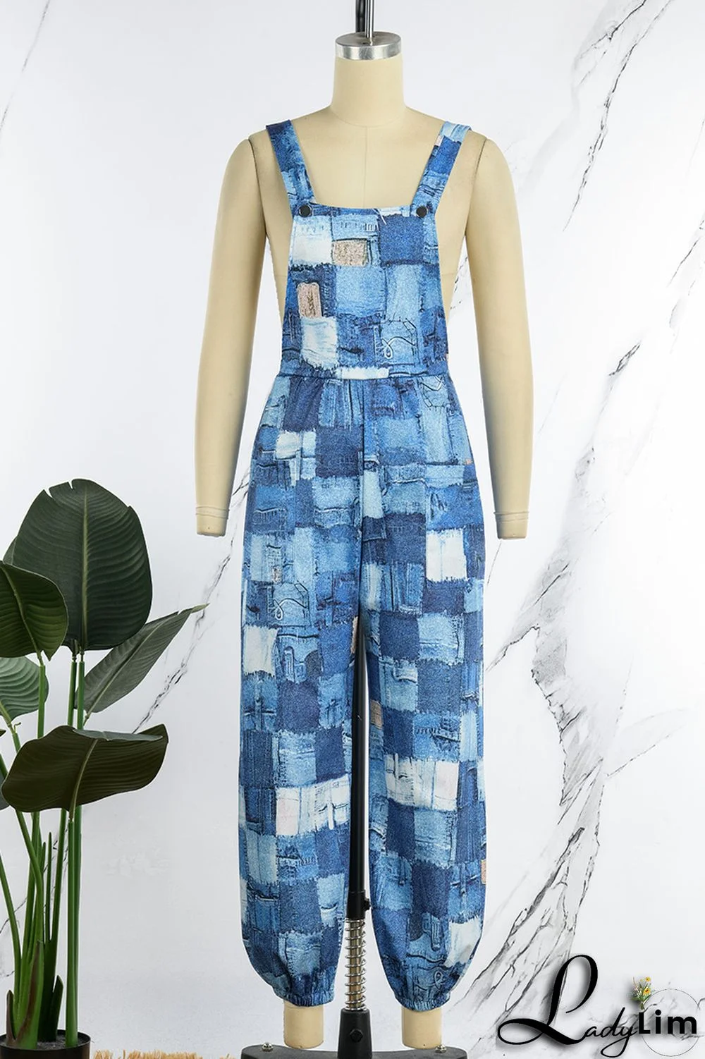 Blue Sexy Print Patchwork Backless Straight Jumpsuits