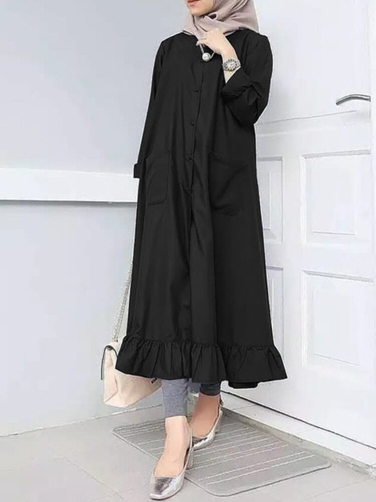 Women Ethnic Solid Color Button Ruffled Hem Pocket Casual Dress