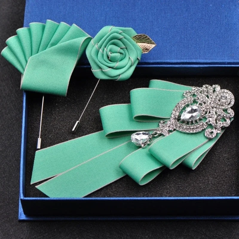 High-quality Fashion Handmade Red Diamond Bow Tie Wedding Collar Bowtie Brooch Pocket Towel Square Set Gifts for Men Accessories