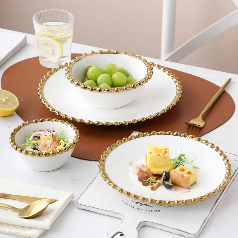 Light Luxury Style Phnom Penh Pearl Point Ceramic Bowl Plate Tableware Household Western Food Plate Steak Plate Fruit Salad Bowl Dessert Bowl