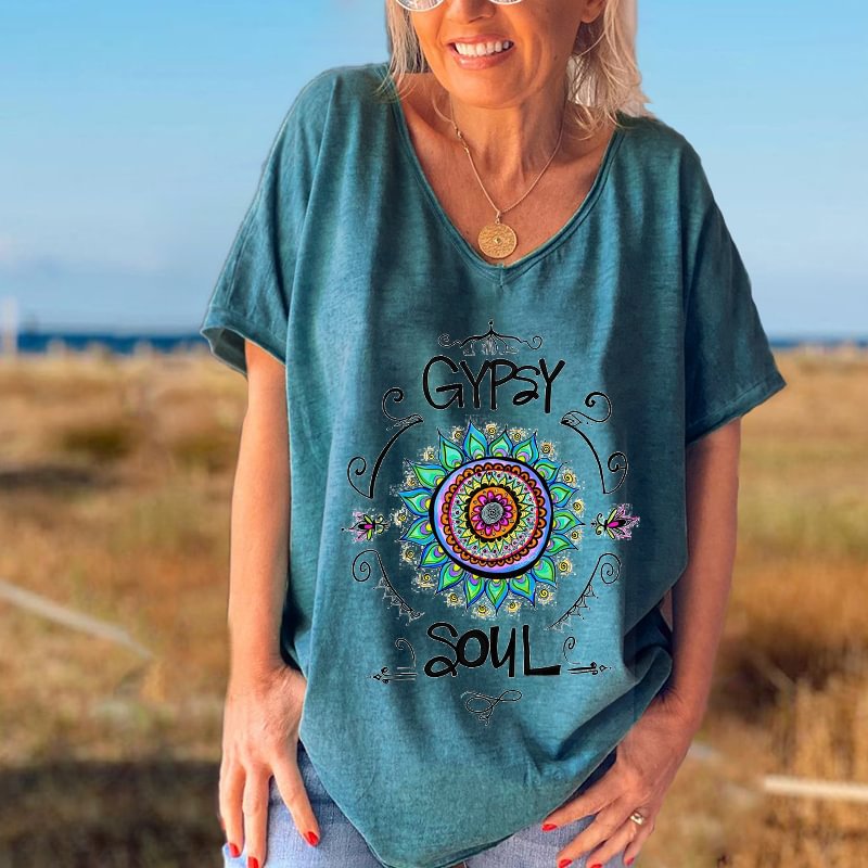 Mandala Flower Gypsy Soul Pattern Printed Women V-neck Blouse