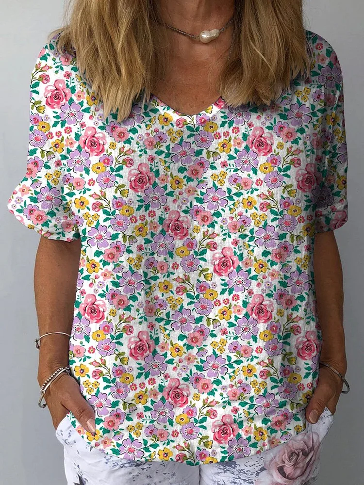 Retro Style Small Floral Garden Pattern Printed Women's Casual Cotton And Linen Shirt