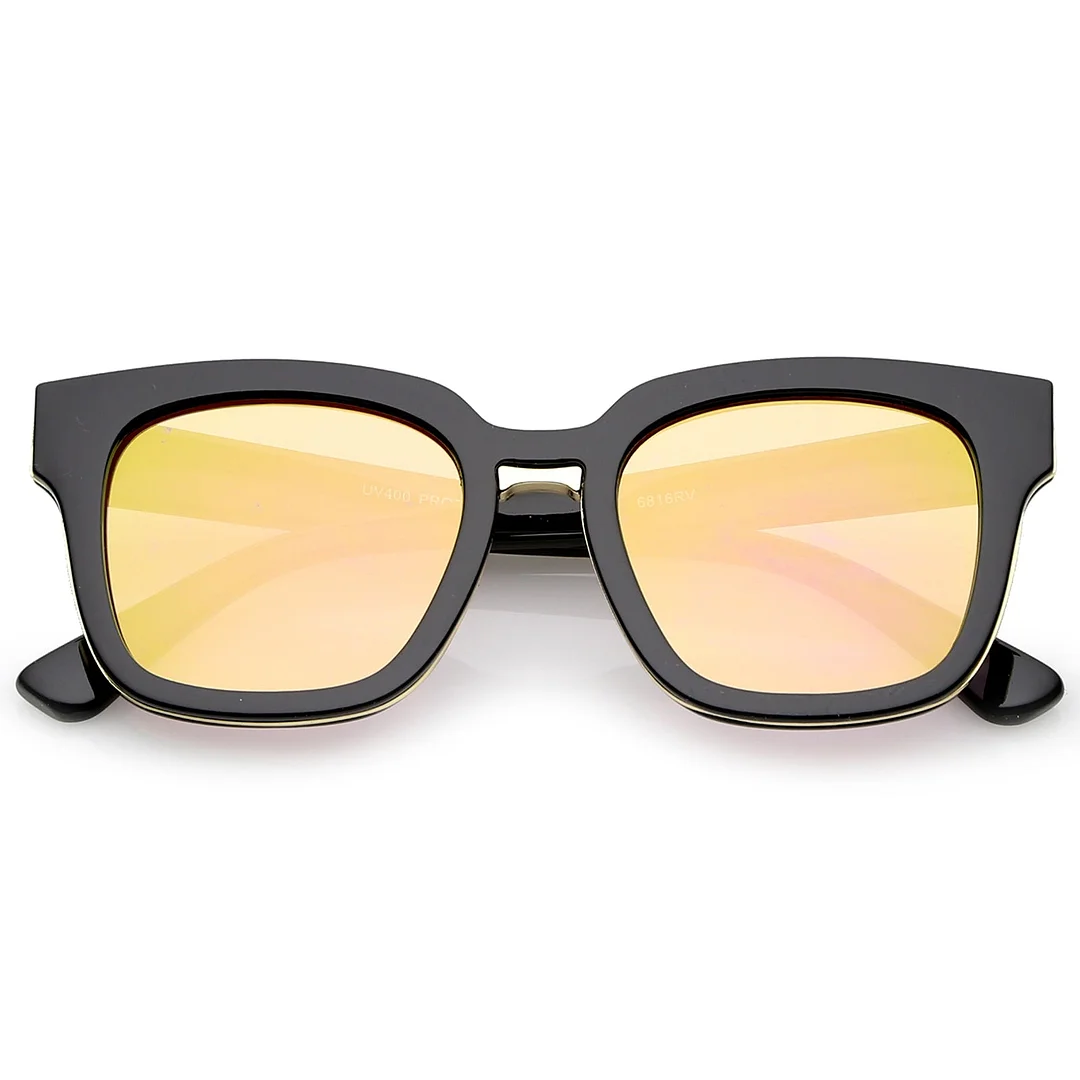 Modern Metal Trim Bridge Square Mirror Flat Lens Horn Rimmed glasses 50mm