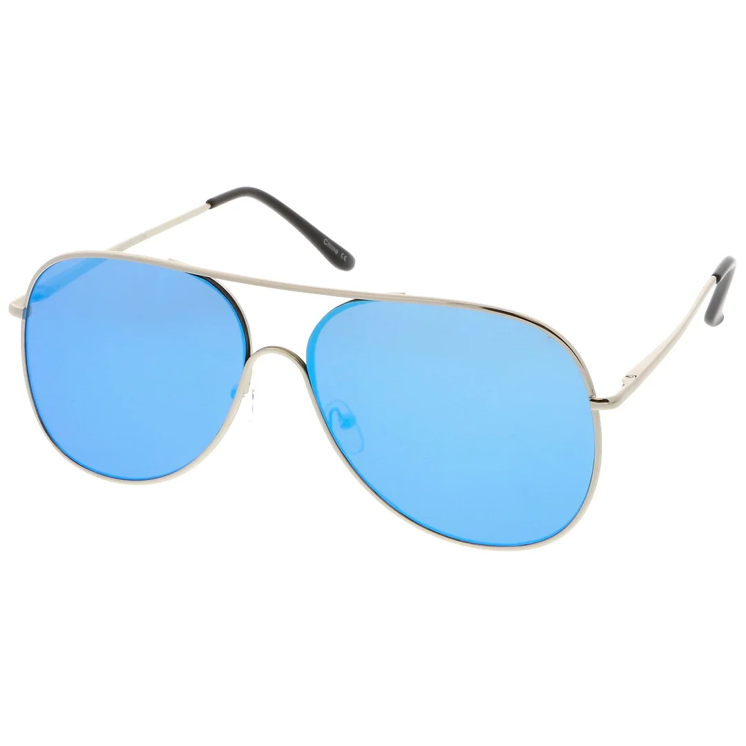 Oversize Metal Aviator glasses Semi Rimless Teardrop Mirrored Flat Lens 62mm