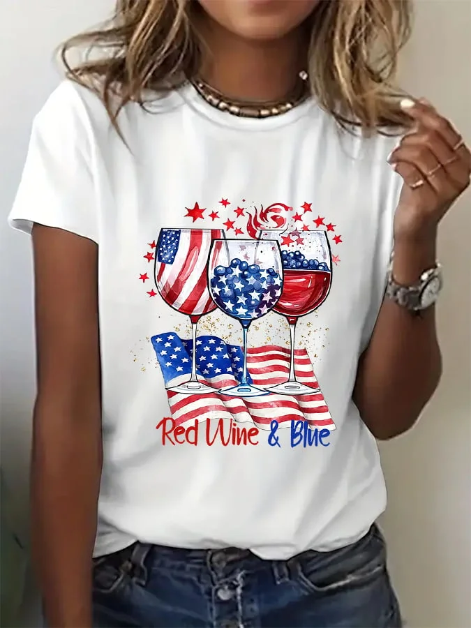 Women's Red Wine and Blue Print T-shirt socialshop