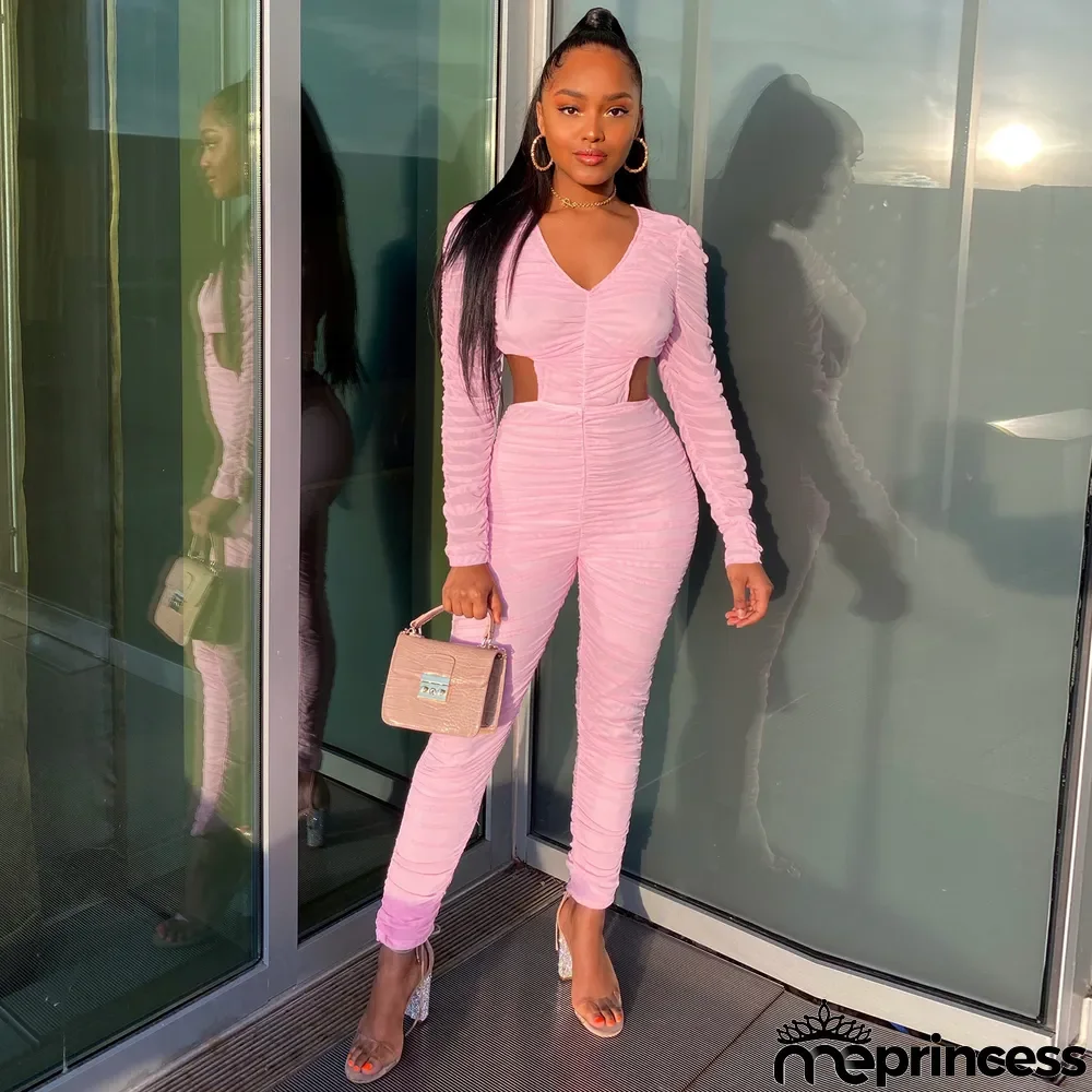 Solid V Neck Ruched Hollow Out Jumpsuit