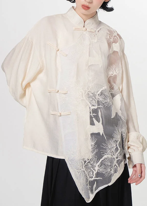Loose White Embroideried Chinese Button Patchwork Tulle Shirt Top Fall