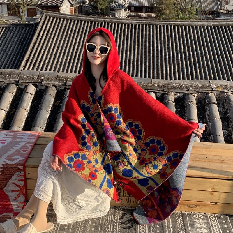 Ethnic Style Hooded Shawl Cloak Lijiang Xinjiang Tibet Northwest Tourism Wear Photograph Warm Outer Cape