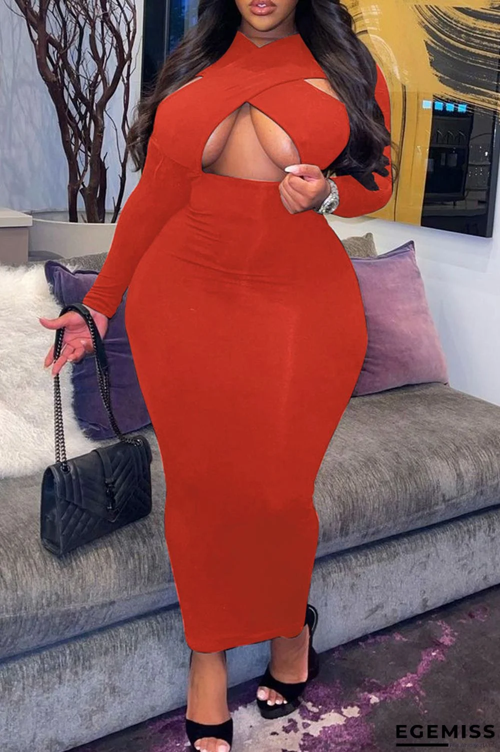 Red Fashion Sexy Solid Hollowed Out V Neck Long Sleeve Plus Size Dresses | EGEMISS