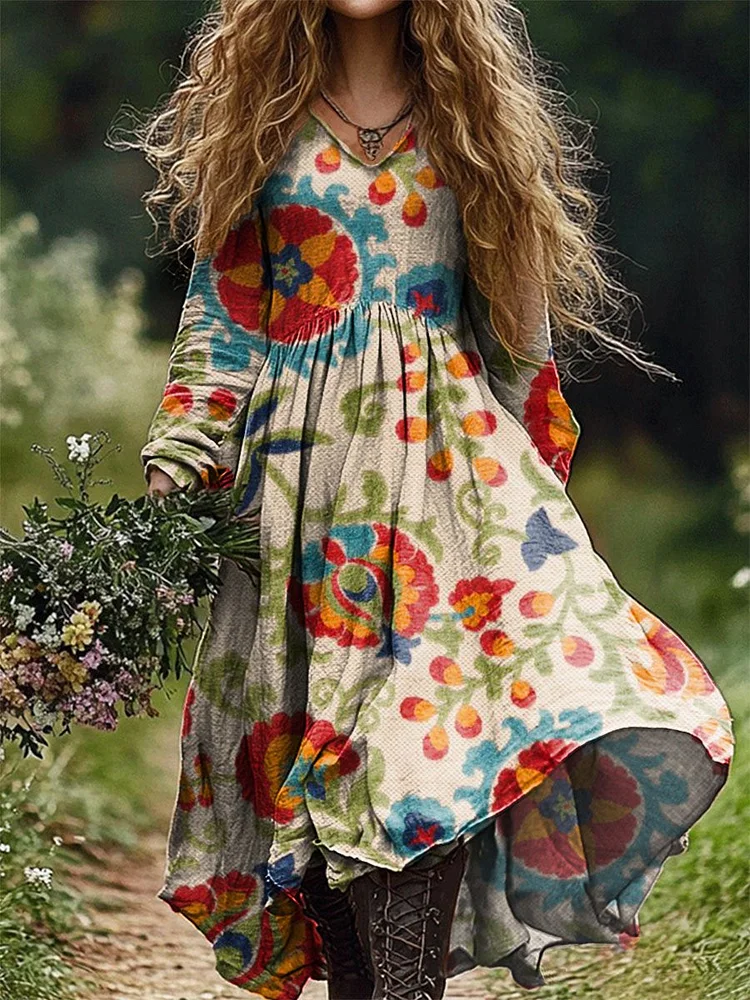 Women's Retro Floral Print Pocket Cotton Dress