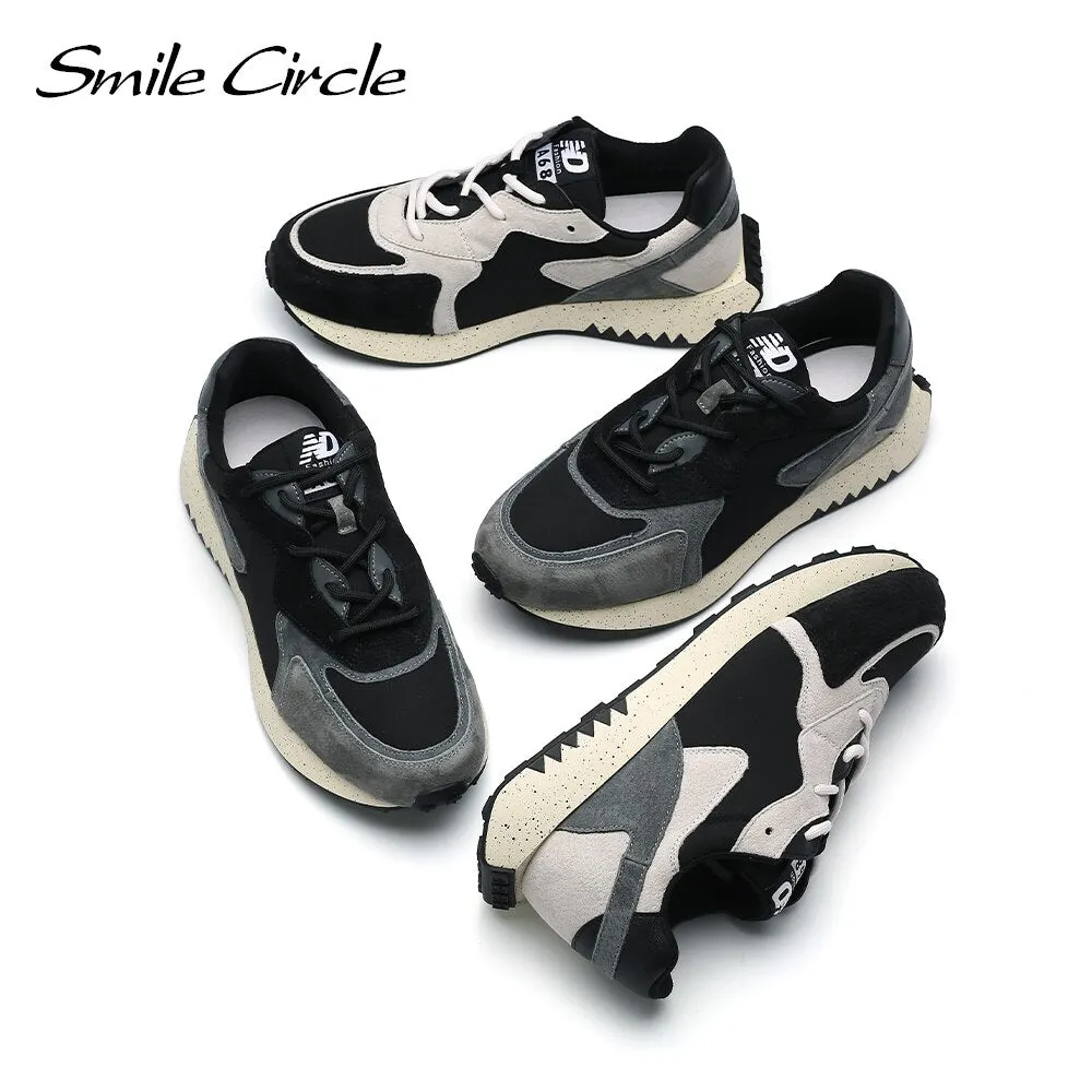 Smile Circle Women Sneakers Suede leather Flat Platform Shoes Fashion Lace-up Splicing Casual Shoes black Gray Sneakers