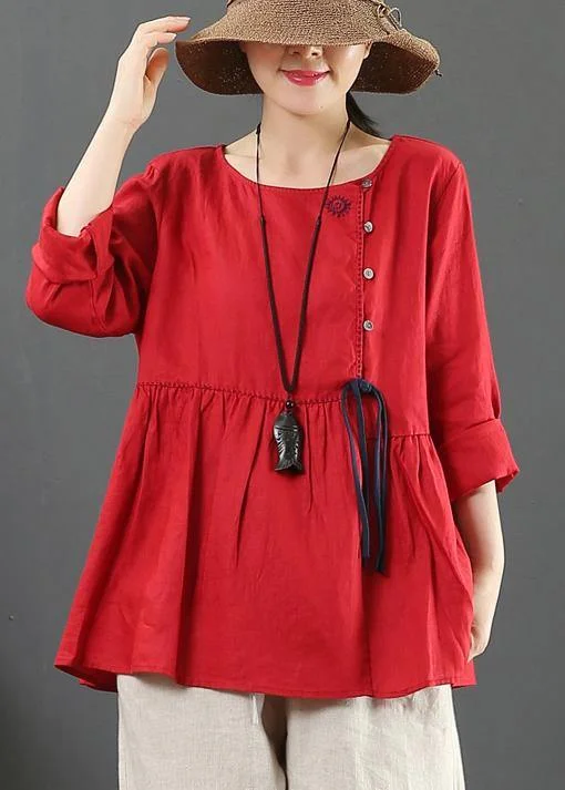 DIY O Neck Cinched  Shirts Women Sewing Red Top