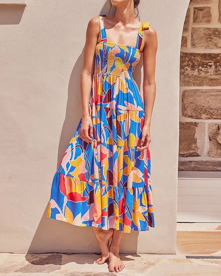 Holiday strap strap printed long dress