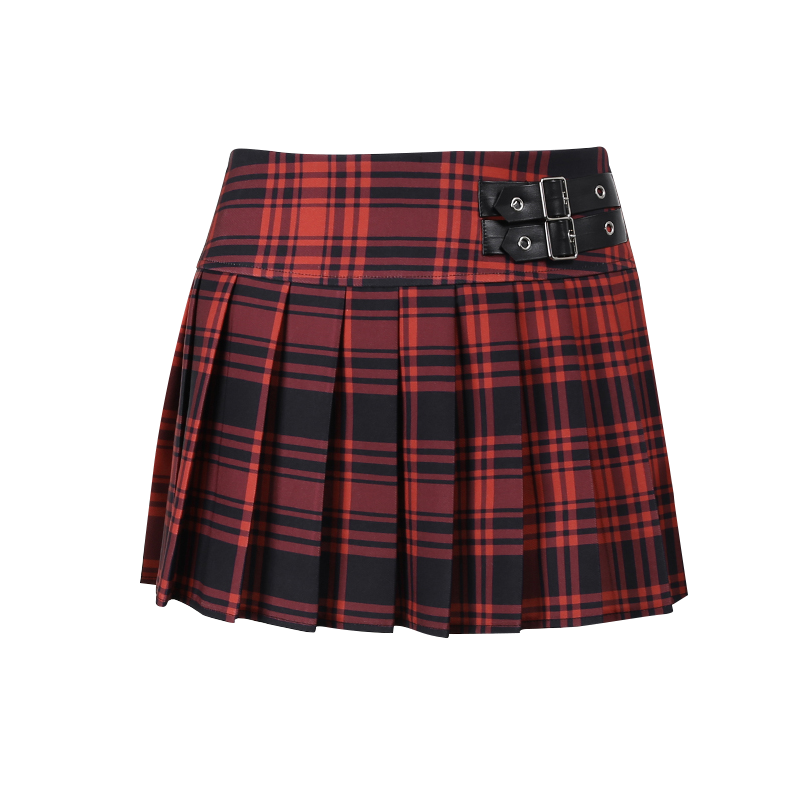 InsGoth Punk Belt Patchwork Red Plaid Skirt Goth Vintage Sexy JK A Line Hight Wait Pleated Mini Skirts Harajuku Grunge Y2K Skirt