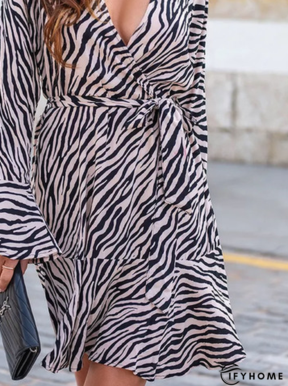 Casual Zebra Printed Lace-Up Cross Neck Dress | IFYHOME