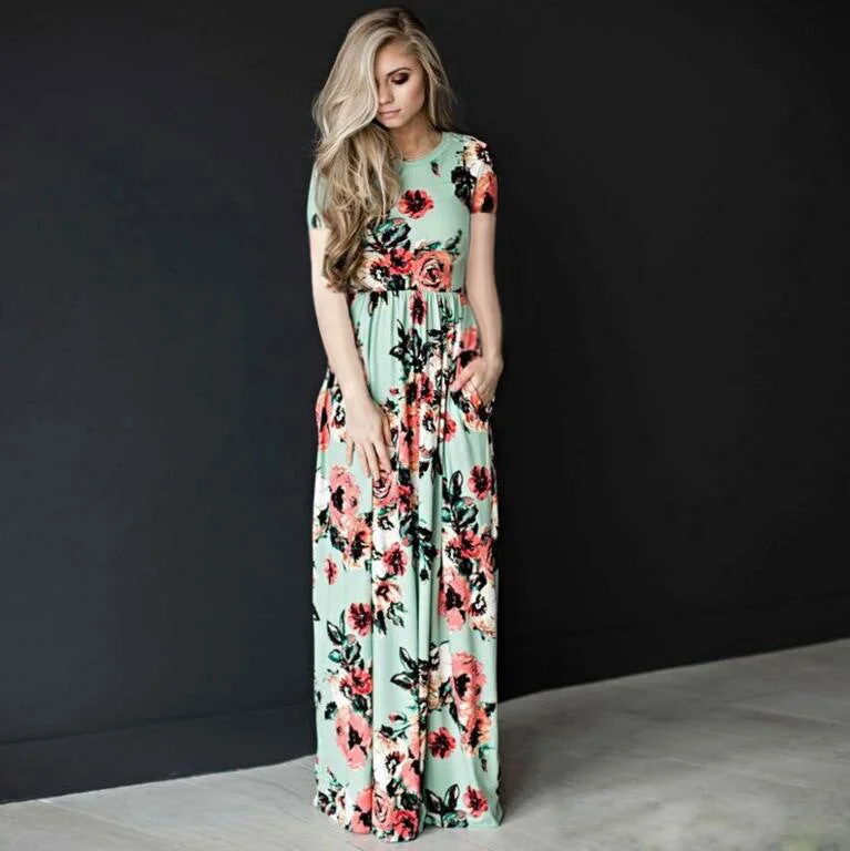 Uveng Summer Round Neck Flowers Print Long Sleeve Dress