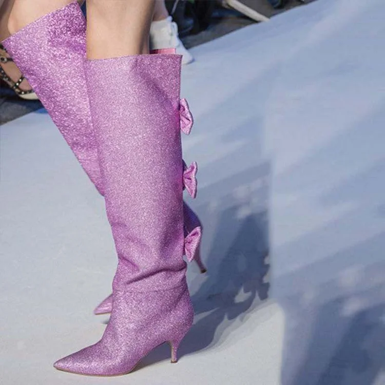 Purple Stiletto Heel Glitter Boot Women's Pointed Bow Shoes Knee Boots |FSJ Shoes