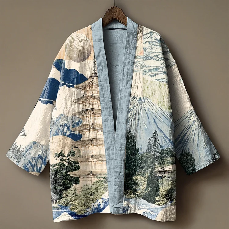 Japanese art embroidered printed linen cardigan kimono