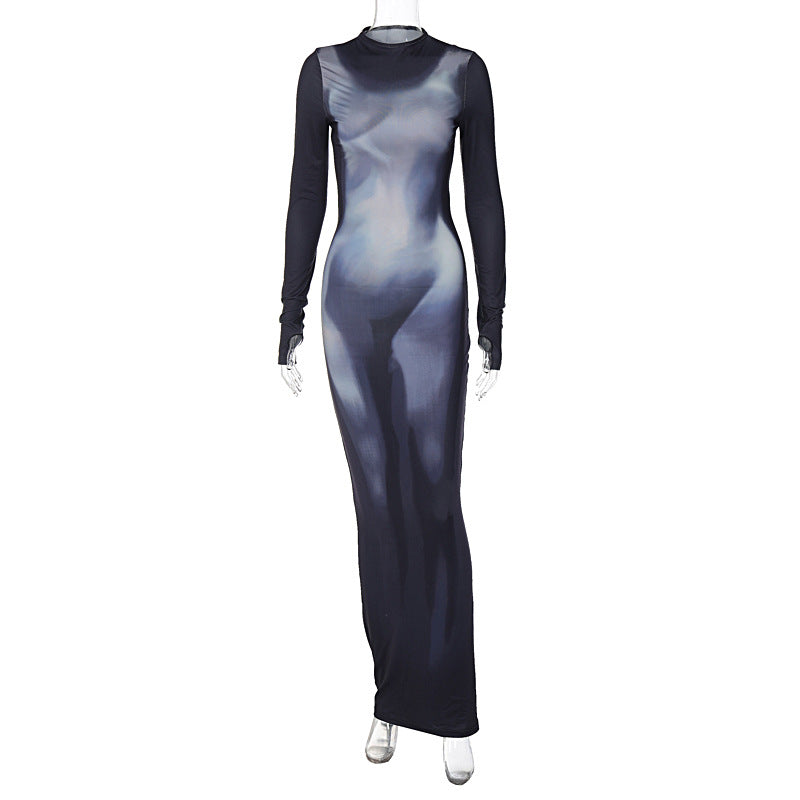 Women  Clothing Autumn Arrival 3D Printed Slim Fit Long Sleeve  Maxi Dress