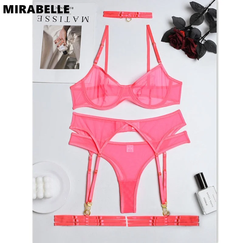 MIRABELLE Sensual Lingerie See Through Set Woman 4-Pieces Erotic Intimate Seamless Underwear Lace Bra and Panty Set Exotic Sets