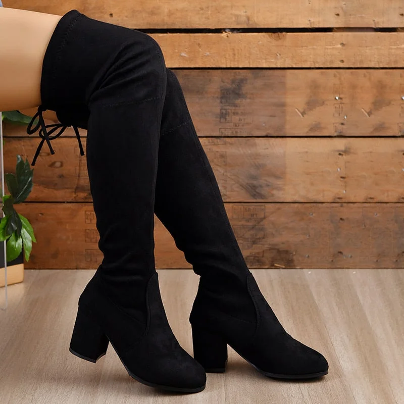Vstacam Black Flock Over The Knee Boots Women Back Lace Up Thick Heeled Long Boots Woman 2023 Autumn Round Toe Thigh High