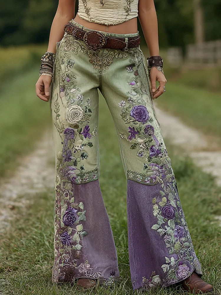 Women's Classy Gradient Purple Lavender And Floral Embroidered Art Loose Jeans