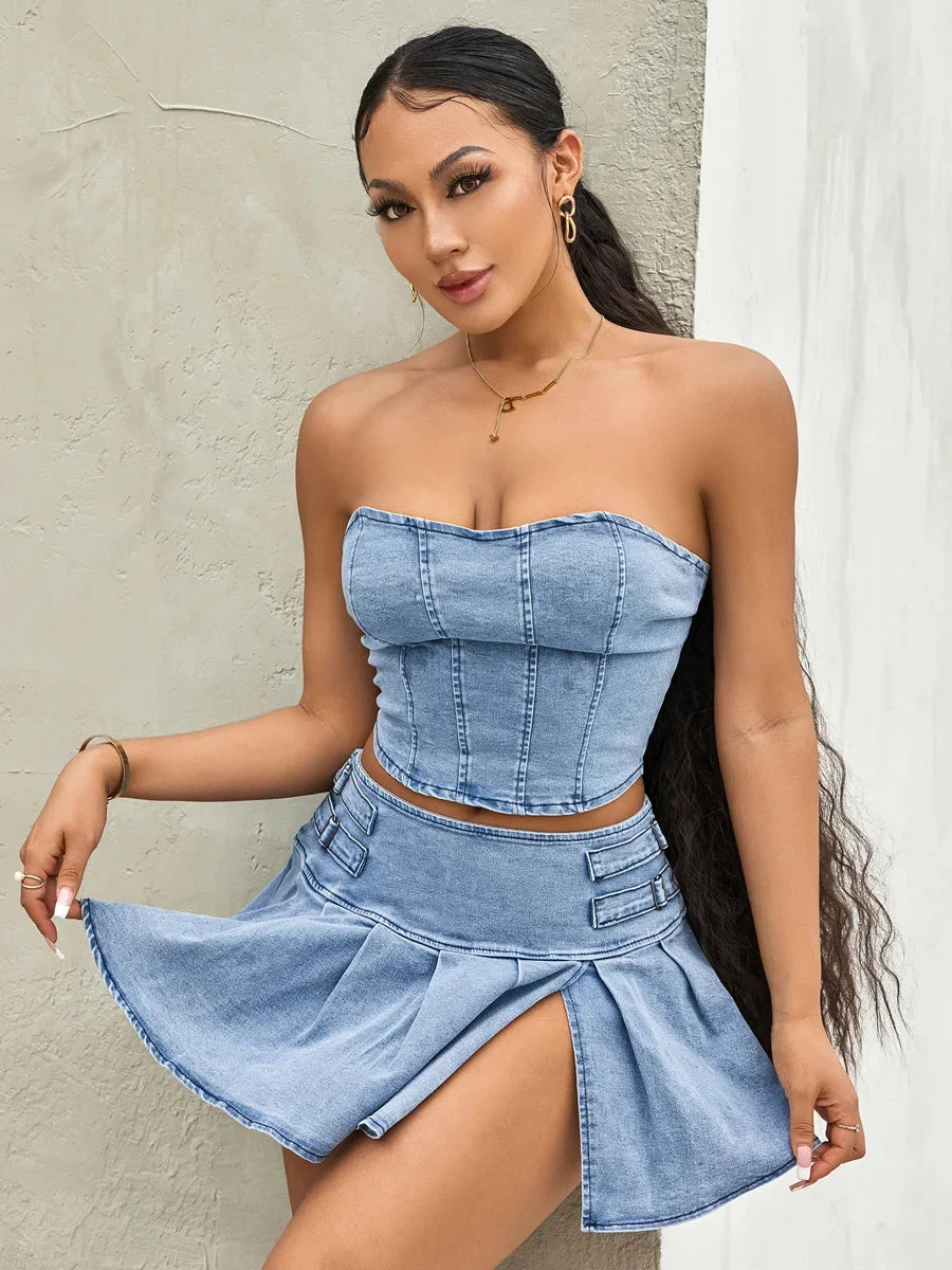 Oocharger Retro Blue Denim Two-Piece Skirt Suits Summer Off-Shoulder Bandeau Corset Crop Tops+High Waist Mini Pleated Skirts Sets