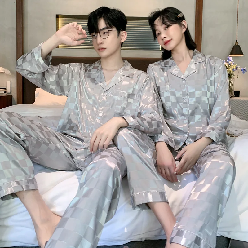 Stolskolb Short-sleeved Shorts Ice Silk Pajamas Men and Silk Satin Pajamas Set Long Sleeved Sleep Women Sleepwear Pijamas Couple Pajamas
