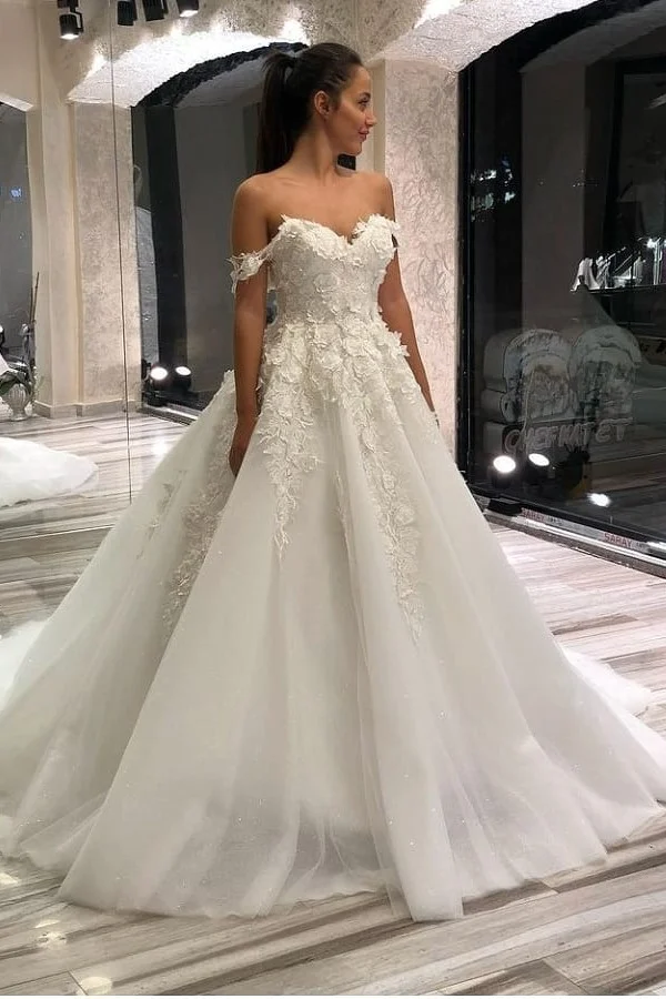 Daisda Beautiful A-Line Sweetheart Off-the-Shoulder Wedding Dress With Appliques Lace Tulle