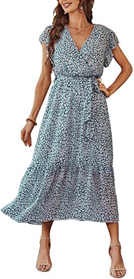 Chic Printed Camisole Elegant Sexy Irregular Ruffle Hem Slit Maxi Dress