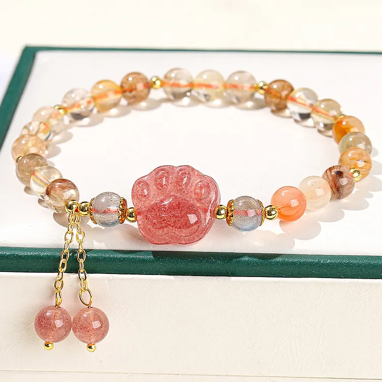 Strawberry Quartz Cat Paw with Color Rutilated Quartz Bracelet