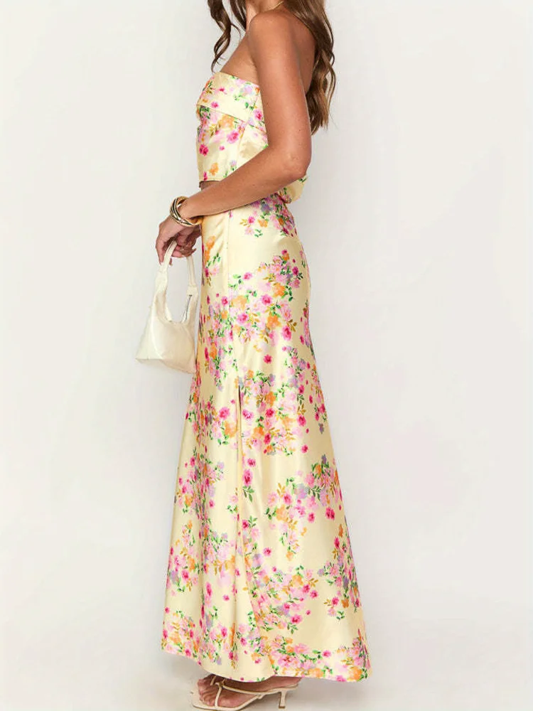 Stylish Two-Piece Summer Outfit For Women Featuring Solid Or Floral Print Strapless Tops Paired With A Long Skirt With A Slit